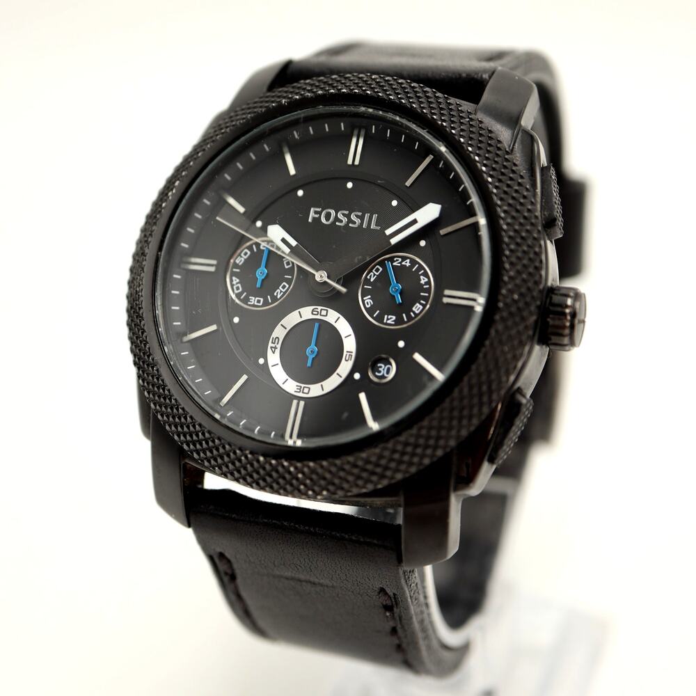 Fossil Machine Chronograph Mens Black 45mm Watch Leather FS4487 w New Battery